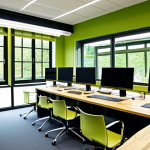 Modern Sustainable Office**

"A bright, modern office space with large windows showcasing natural light and green walls. Fully clothed professionals are working at ergonomic desks. Solar panels are visible on the roof through the windows. Interior design incorporates natural materials like wood and bamboo. safe for work, appropriate content, fully clothed, professional, perfect anatomy, correct proportions, well-formed hands, proper finger count, natural body proportions, high quality, professional photography, modest attire."

**
