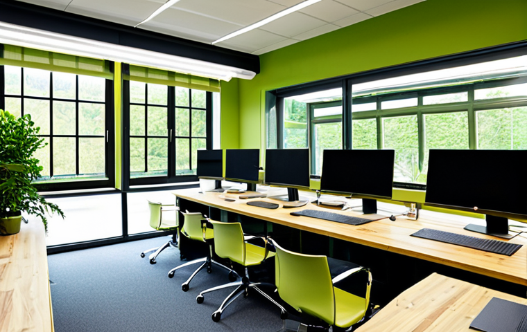Modern Sustainable Office**

"A bright, modern office space with large windows showcasing natural light and green walls. Fully clothed professionals are working at ergonomic desks. Solar panels are visible on the roof through the windows. Interior design incorporates natural materials like wood and bamboo. safe for work, appropriate content, fully clothed, professional, perfect anatomy, correct proportions, well-formed hands, proper finger count, natural body proportions, high quality, professional photography, modest attire."

**