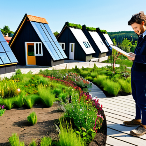 Eco-Village Inspiration**

"A young architect, fully clothed in modest, professional attire, sketching in a notebook while visiting a vibrant, thriving eco-village. The village features sustainable homes, green roofs, and community gardens. Bright, natural lighting. Perfect anatomy, correct proportions, natural pose, well-formed hands, proper finger count, natural body proportions. Safe for work, appropriate content, professional, modest, family-friendly."

**