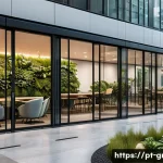 Home 22 친환경 건축 자격증 종류 및 차이점 - A modern sustainable office building certified by WELL, showcasing large glass windows with abundant...