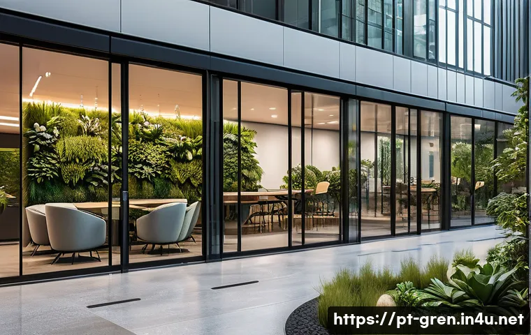 친환경 건축 자격증 종류 및 차이점 - A modern sustainable office building certified by WELL, showcasing large glass windows with abundant...