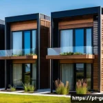 Home 21 친환경 건축과 에너지 절약 기술 - A modern eco-friendly residential building under bright daylight, showcasing advanced thermal insula...