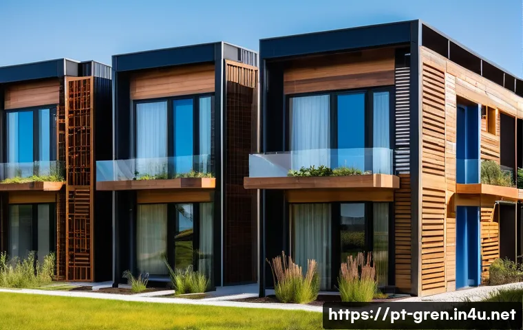 친환경 건축과 에너지 절약 기술 - A modern eco-friendly residential building under bright daylight, showcasing advanced thermal insula...