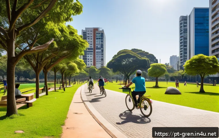 친환경 건축과 생태계 복원 사례 - A vibrant urban park in São Paulo featuring a multifunctional green space with native Brazilian tree...