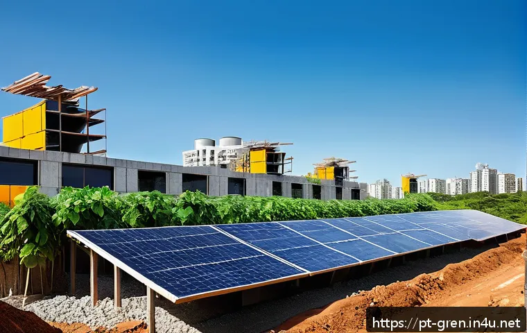 친환경 건축 전문가를 위한 자기계발 서적 추천 - A modern sustainable construction site in Brazil featuring eco-friendly materials like recycled conc...
