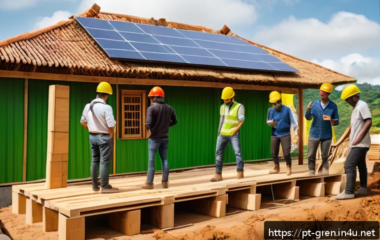 친환경 건축 실습 교육 프로그램 추천 - A diverse group of professionals collaborating on a sustainable construction project outdoors, weari...